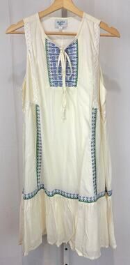 HIHO Tortola BVI Embroidered Sleeveless Dress Tie Neck Off White Blue Size S